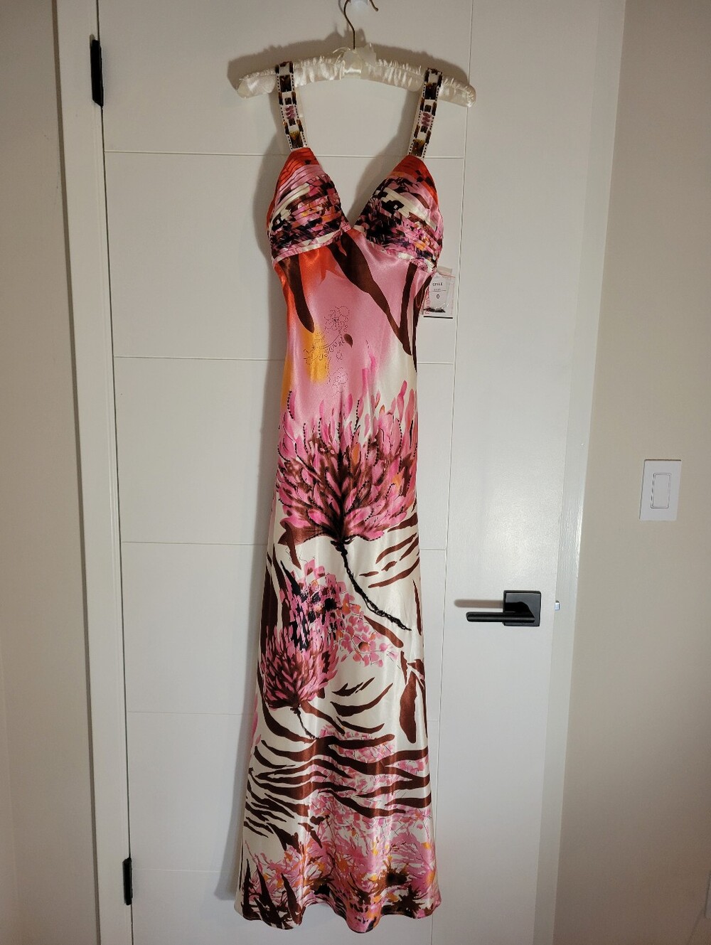 David's Bridal Pink Floral Slip Maxi Dress with Beaded and Jewel Accents